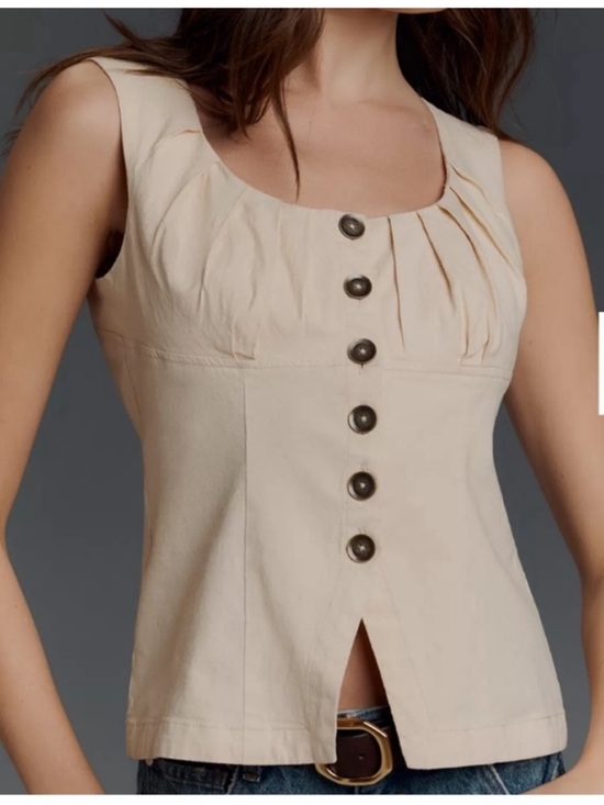 Anthropologie Tops - Anthropologie Cream Linen-Blend Sleeveless Button-Front Top XL